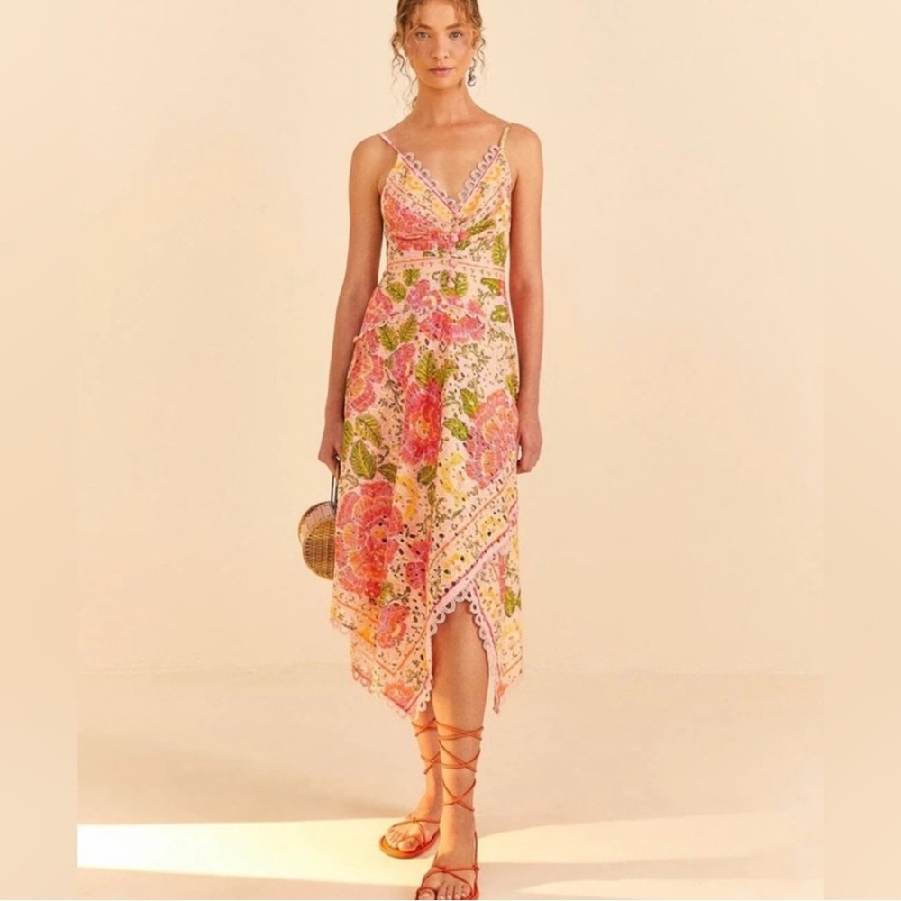 FARM Rio Pink Floral Handkerchief-Hem Midi Dress